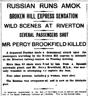 Newspaper report of Percy Brookfield's killing